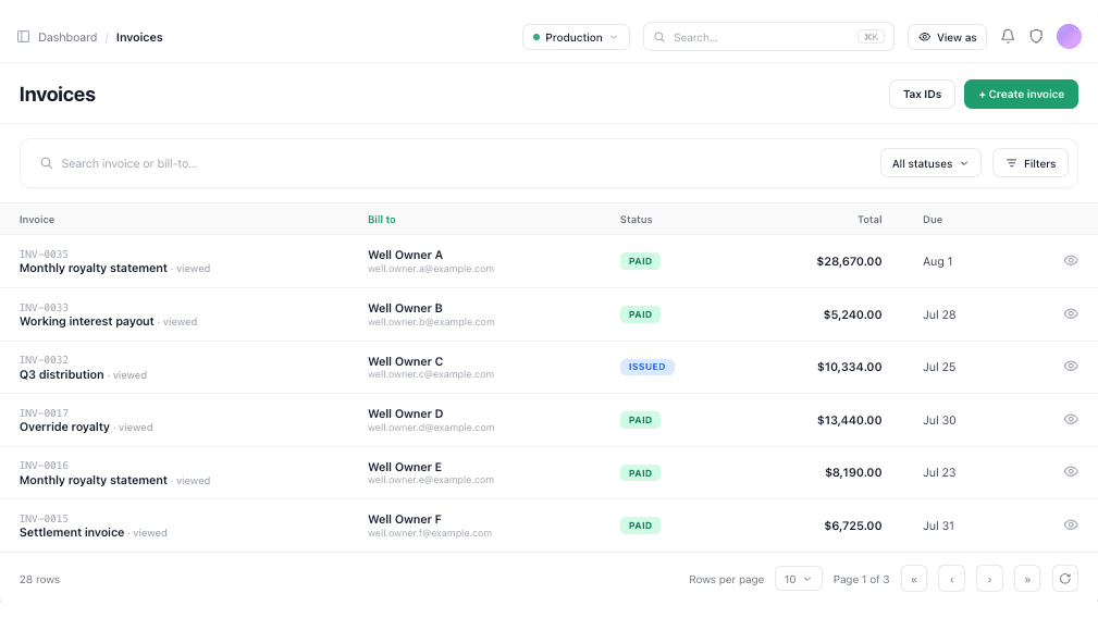 Innovo royalty distributions and payments dashboard for oil and gas, listing well owners with royalty invoice status, totals, and due dates.