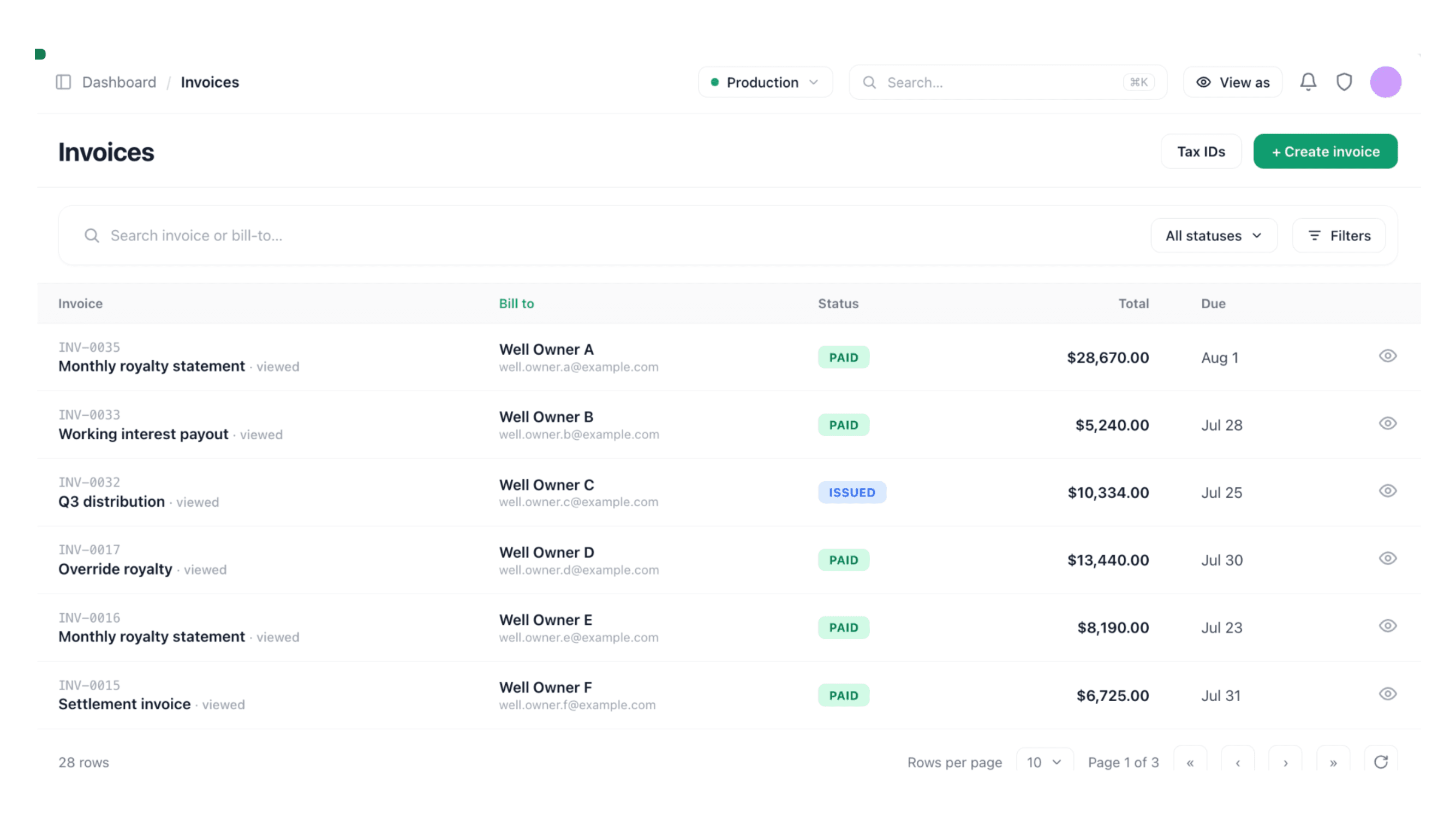 Innovo royalty distributions and payments dashboard for oil and gas, listing well owners with royalty invoice status, totals, and due dates.